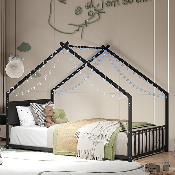 Ball & Cast Twin Size Floor Bed,Low to Ground Montessori Bed with Roof & Colorful LED Lights,Toddler House Bed Frame W/Slats and Legs,No Box Spring Needed,for Girls Boys,Black