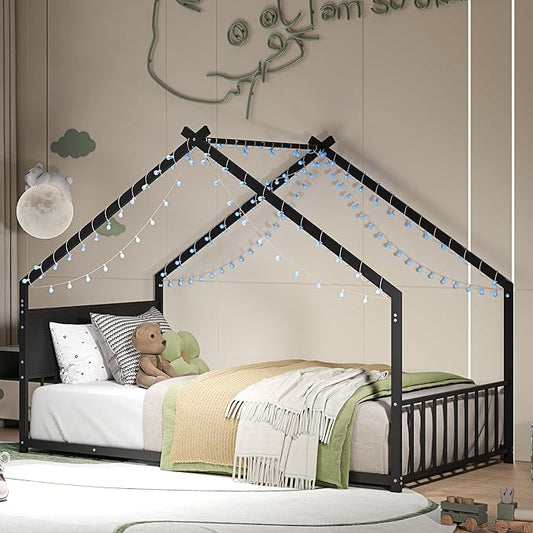 Ball & Cast Twin Size Floor Bed,Low to Ground Montessori Bed with Roof & Colorful LED Lights,Toddler House Bed Frame W/Slats and Legs,No Box Spring Needed,for Girls Boys,Black