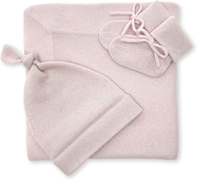 Jet&Bo BABY 100% Cashmere Baby Blanket, Beanie and Booties Gift Set Luxe Knit Pink - Unisex, Size 0-6 Months - Gift Box and Card Included