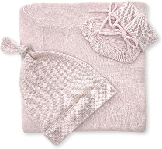 Jet&Bo BABY 100% Cashmere Baby Blanket, Beanie and Booties Gift Set Luxe Knit Pink - Unisex, Size 0-6 Months - Gift Box and Card Included