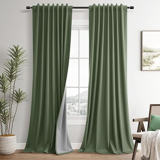 Guken Olive Green 100% Blackout Linen Textured Curtains 94 Inches Long 2 Panels Back Tab Hook Belt Country Farmhouse Room Darkening Thermal Insulated Noise Reducing Curtain Living Room Bedroom 52x94