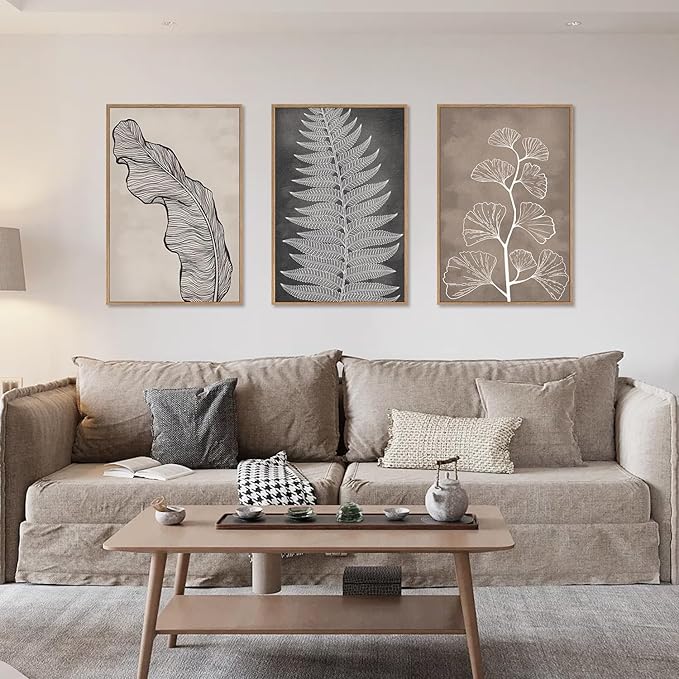 HLNIUC Botanical Neutral Framed Wall Art Set, Abstract Fern Leaf Canvas Wall Decor, Vintage Rustic Plant Wall Painting, Black Beige Nature Art Print for Living Room, Bedroom, Office - 16"x24"x3