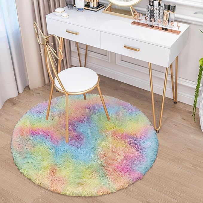 Rainbow Fluffy Round Area Rugs 3Ft Kids Rugs for Girls Bedroom, Soft Unicorn Rug Small Round Carpet Plush Shaggy Circle Rug Pink for Girls Room Nursery Baby Playroom Unicorn Home Decor