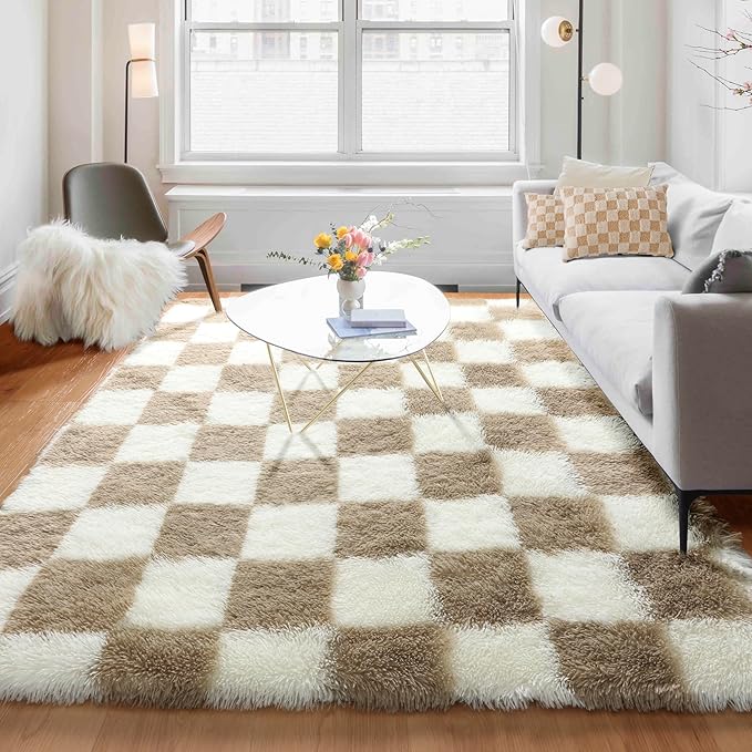 KICMOR 5x7 Beige and Cream White Area Rugs Fluffy Living Room Carpet, Large Fuzzy Checkered Shag Rug for Bedroom Aesthetic, Soft Plush Shaggy Rug for Kids Girls Boys Nursery Room Playroom Home Decor