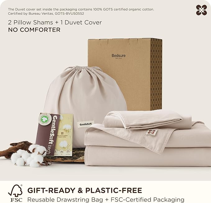 Bedsure Cotton Duvet Cover Queen, 100% GOTS Organic Cotton Duvet Cover Set, Fair Trade Certified Queen Bedding Set, Eco-Friendly, Ultra-Soft, Breathable Home Bedding for All Seasons(Linen, 90"x90")