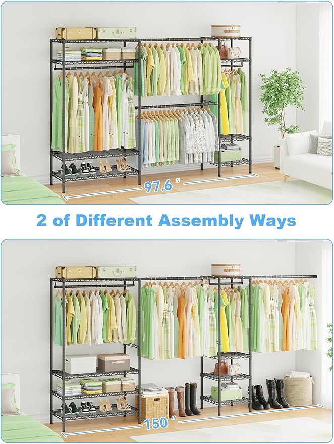 Ulif E11 Heavy-Duty Garment Rack, Metal Freestanding Clothes Rack and Closet Storage Organizer System with 8 Shelves and 4 Hanger Rods, (73.2 - 97.6)"W x 14.5"D x 71.2"H, Load 1034 LBS, Black