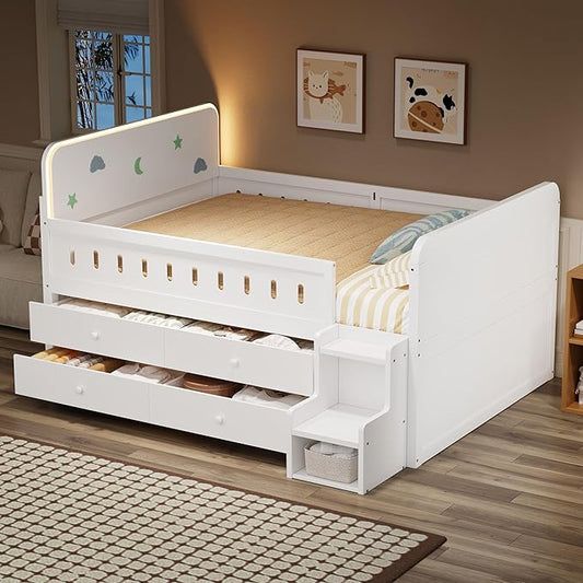 Full Size Platform Bed with Guardrail and 4 Drawers, Wooden Kids Platform Bed Frame with Two-Step Staircases and Light Strip for Boys Girls, Sturdy Slats Support (White-11A)