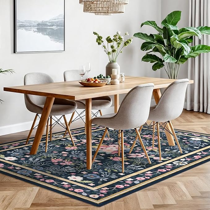 Area Rugs for Living Room 5x7, Washable Non-Slip Thin Floral Vintage Boho Rug for Bedroom Dining Room Office, Soft Rug Indoor Lightweight Carpet, Blue/Multi