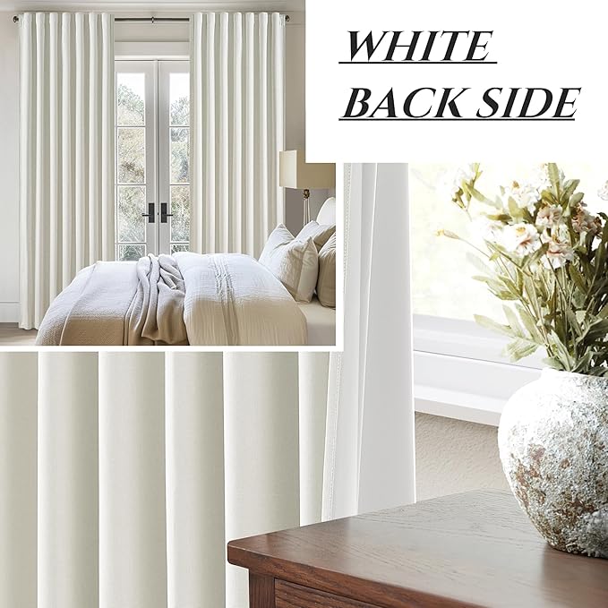 Beige White Linen Curtains 90 Inches Long 2 Panels Set, Modern Neutral Nursery Blackout Curtains for Kids Bedroom Thermal Drapes for Summer Heat Noise Reducing Hook Belt&Back Tab(W50 x L90)