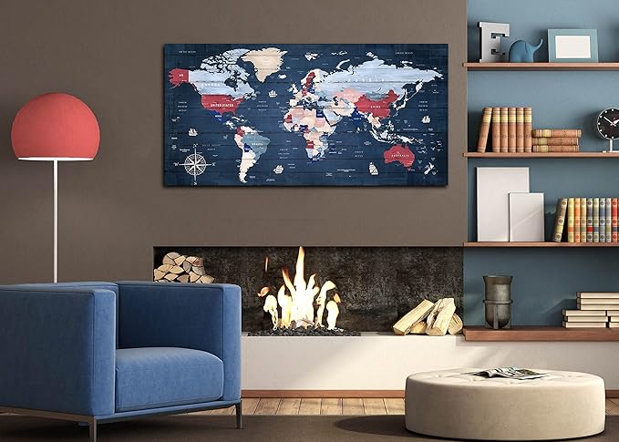 ZHAOSHOP Blue World Map Wall-Art For Office - Large World Maps For Wall - Canvas Wall Art Stretched and Framed Ready to Hang Size 40" x 20"