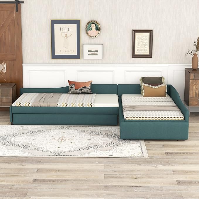 Bellemave L-Shape Platform Bed Twin Size Upholstered Daybed with Trundle and Storage Drawer Linen Corner Day Bed Frame for 3 Kids Boys Girls Teens, Green