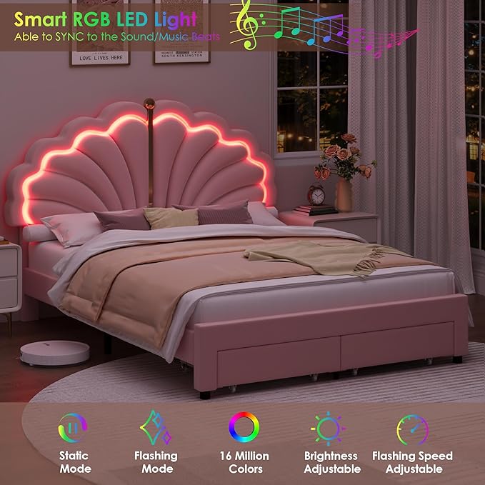 Keyluv Queen Princess Bed Frame with Storage Drawers, Soft Velvet Upholstered LED Platform Bed with Adjustable Modern Shell Headboard, No Box Spring Needed, Noise-Free, Pink