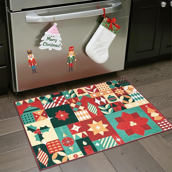 jinchan Christmas Rug 2x3 for Entryway Washable Christmas Kitchen Rug Xmas Geometric Doormat Non-Slip Soft Small Carpet Festive Red-Green Holiday Patch Decor for Front Door Bathroom Porch Bedside