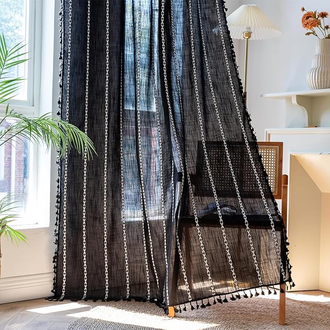 Deeprove Black Boho Curtains 108 inches Long for Bedroom Living Room, Vintage Bohemian Style Embroidery Stripe Tassel Farmhouse Cotton Linen French Door Window Treatments Decor, W52 x L108, 1 Panel