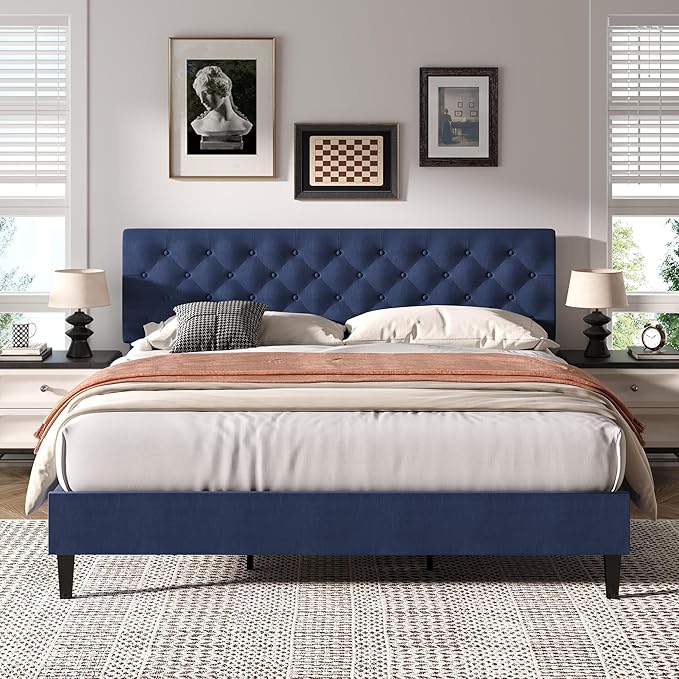 BarnFurin King Size Bed Frame, Upholstered Platform Bed Frame King with Button Tufted Headboard, Wooden Slats Support, No Box Spring Required, Easy Assembly, Navy Blue