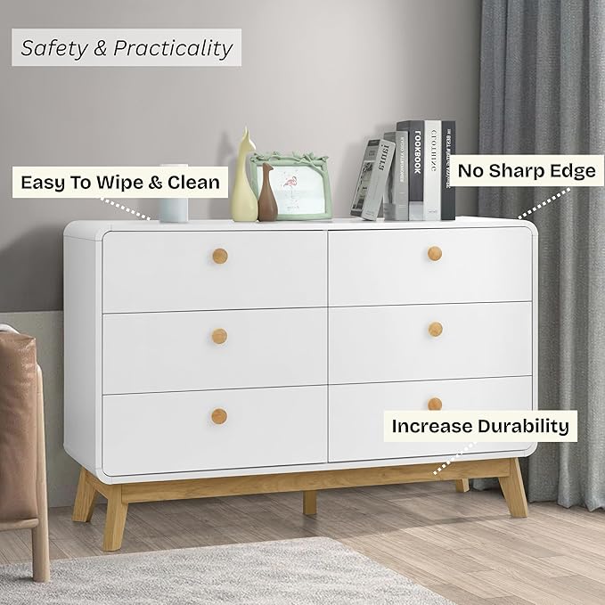 ELISA HOME Aries 6 Drawer Dresser for Bedroom, Modern Wide Chest of Drawers, Wood Storage Organizer for Clothes, Entryway, Hallway, Nursery or Living Room, White