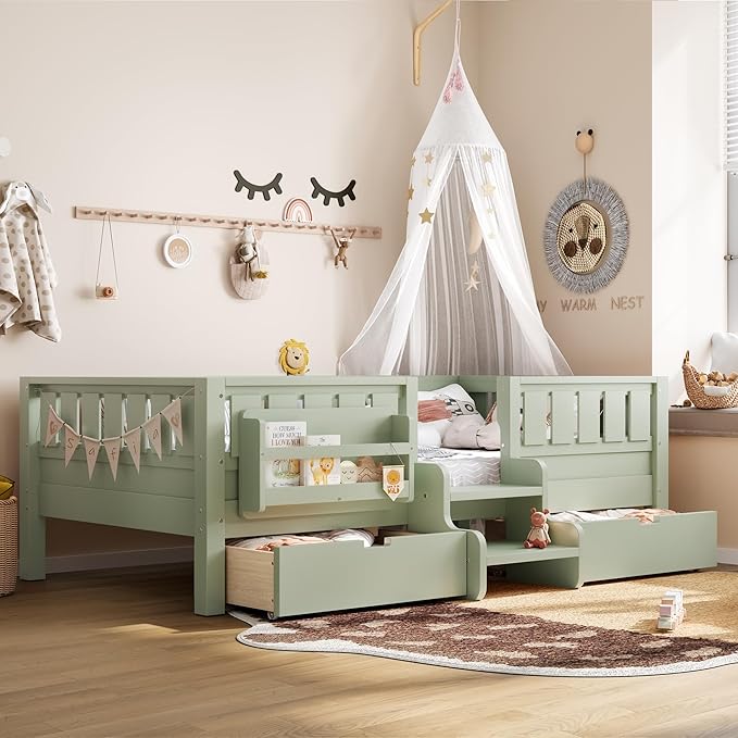Bellemave Twin Bed with Slats and Stairs, Twin Size Platform Bed Frame with Fence, Bookshelf and Storage Drawers, Easy Assemble Beds for Kids, Girls, Boys, Green