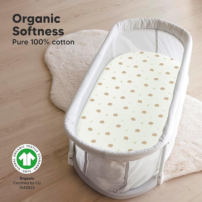 2-Pack Organic Bassinet Sheets for Girls, Boys - 100% Cotton Bassinet Mattress Sheets Compatible with Halo Bassinest Swivel Sleeper, Graco, Baby Delight, Chicco, Fitted Bassinet Sheets (Nibble/Bruce)