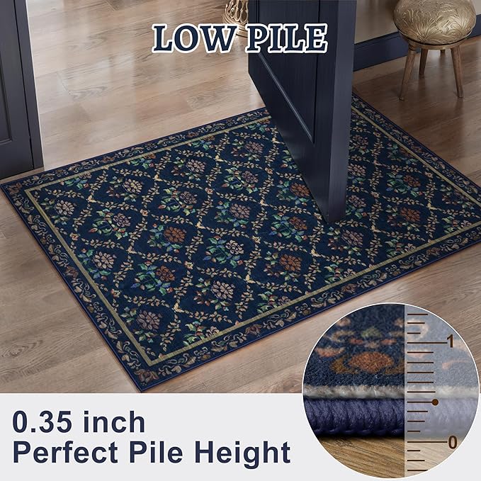 Tangsoo 5x7 Washable Area Rug, Non Slip Moroccan Trellis Blue Floral Indoor Rug, Soft Low Pile Floor Carpet for Living Room, Bedroom, Dining Room, Pet & Child Friendly Room Decor, Easy to Clean