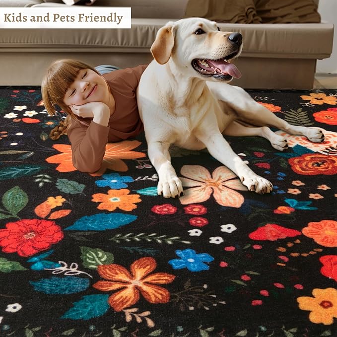 Tangsoo 2x3 Small Area Rug for Entryway, Non Slip Machine Washable Boho Floral Entry Rug, Soft Low Pile Throw Rugs Door Mat Indoor Entrance Floor Carpet for Bedroom Kitchen Bathroom, Kids Room(Black)