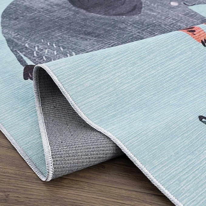 Hauteloom Petey Kids Room, Nursery Machine Washable Area Rug - Animals - Blue, Terracotta - 6'7" x 9'