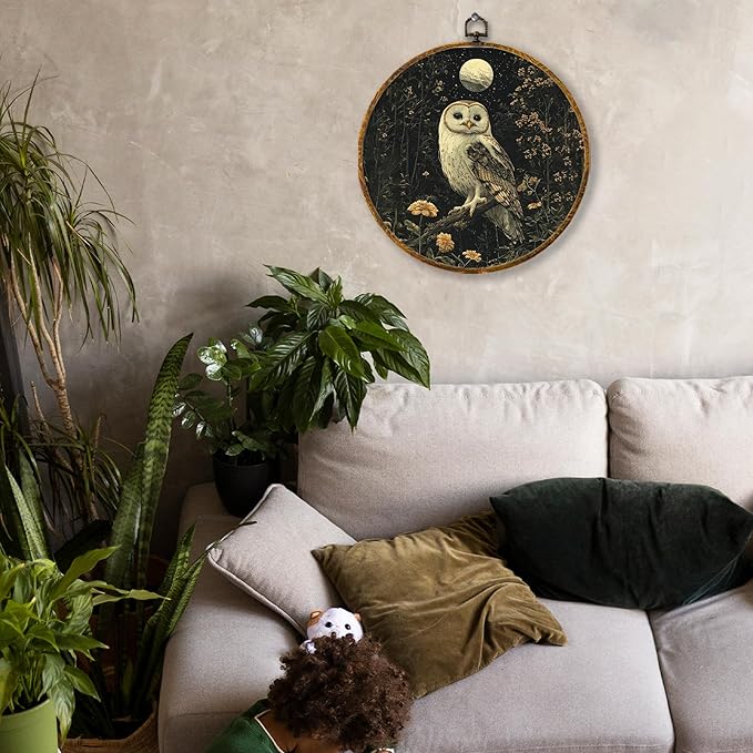Hiuwevt Witchy Moonlight Owl Round Wall Art Decor, Vintage Dark Floral Framed Canvas Prints, Whimsical Gothic Owl Round Wall Hanging Decor for Office Home Decorations, 10x10 Inches