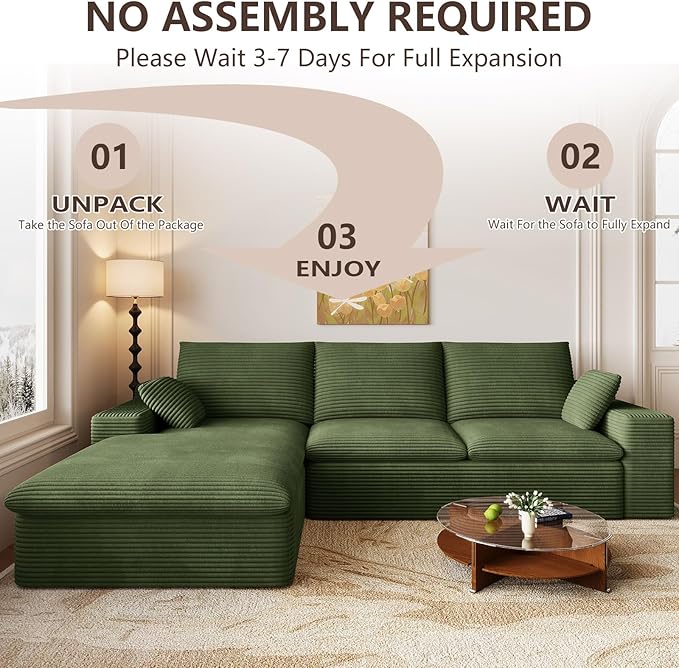 107 Inch Cloud Sectional Couch, Modern Modular Sectional Sofa with Deep Seat, Corduroy Boneless Couches with L-Shape Chaise for Living Room Bedroom, No Assembly Required (Green, Left Facing Chaise)