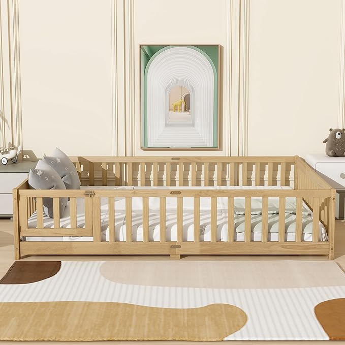 Queen Size Floor Bed with Fence and Door,Rubber Wood Floor Bed w/Safety Guardrails/Near The Ground,Easy to Assemble & No Box Spring Needed, Natural