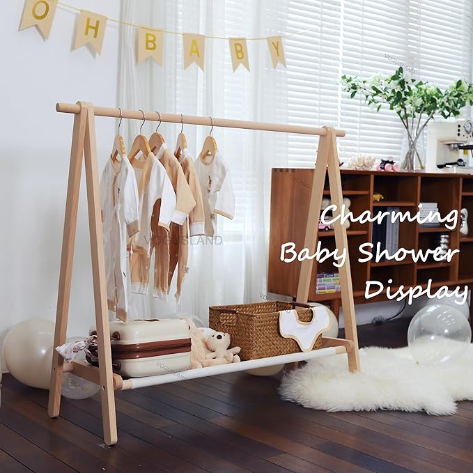 Dress up Rack, Child Garment Rack, Kids Clothing Rack with Storage Shelf (Natural Beech, 47.5" L x 14.5" W x 40" H)