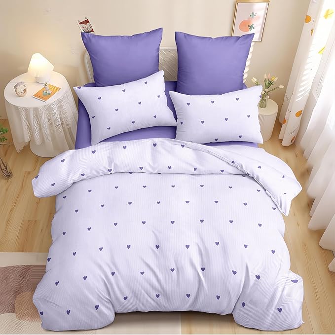 Purple Heart Duvet Cover Twin Size Cute Heart Pattern Bedding Set 3Pcs Love Printed Reversible Soft Microfiber Coquette Comforter Cover with Zipper Closure and 2 Pillowcases