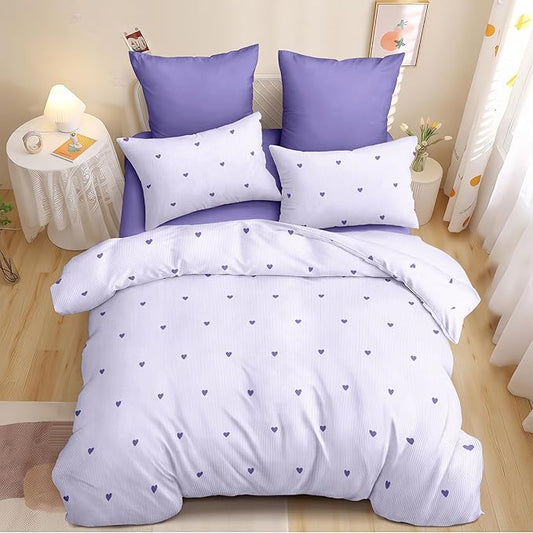 Purple Heart Duvet Cover Twin Size Cute Heart Pattern Bedding Set 3Pcs Love Printed Reversible Soft Microfiber Coquette Comforter Cover with Zipper Closure and 2 Pillowcases