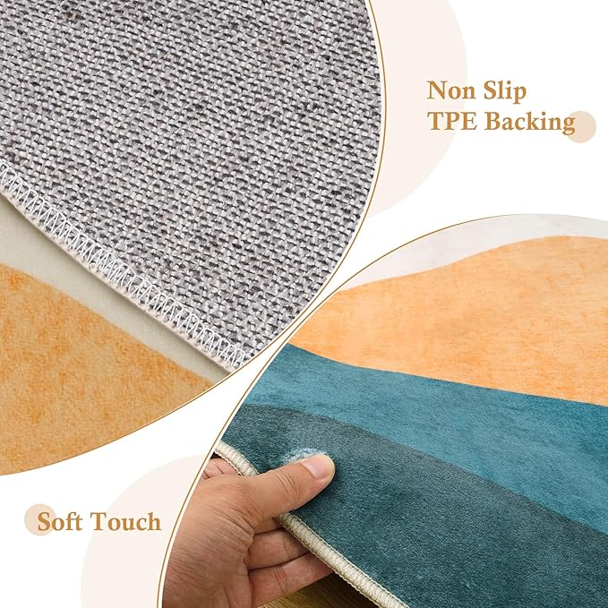 Abstract Round Rug 3ft, Faux Wool Soft Throw Area Rugs, Washable Farmhouse Small Circle Rug, Floor Low Pile Mats for Bedroom Bathroom Laundry Room Nursery Decor