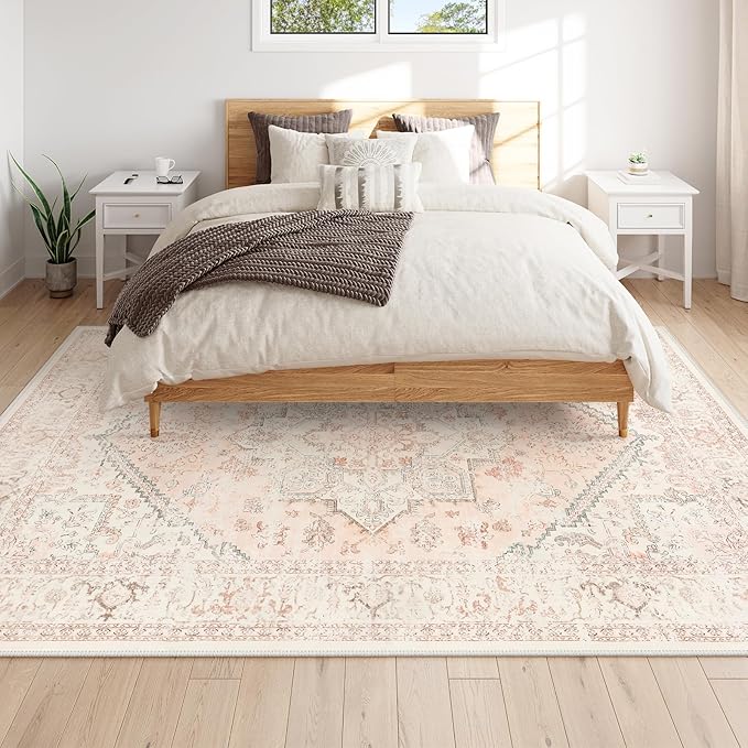 LIVEBOX Pink Area Rug 8x10 - Large Oriental Floral Living Room Rugs Accent Rug for Bedroom, Non-Slip Retro Medallion Carpet Print Distressed Rugs for Dining Room Office (Pink/Peach)