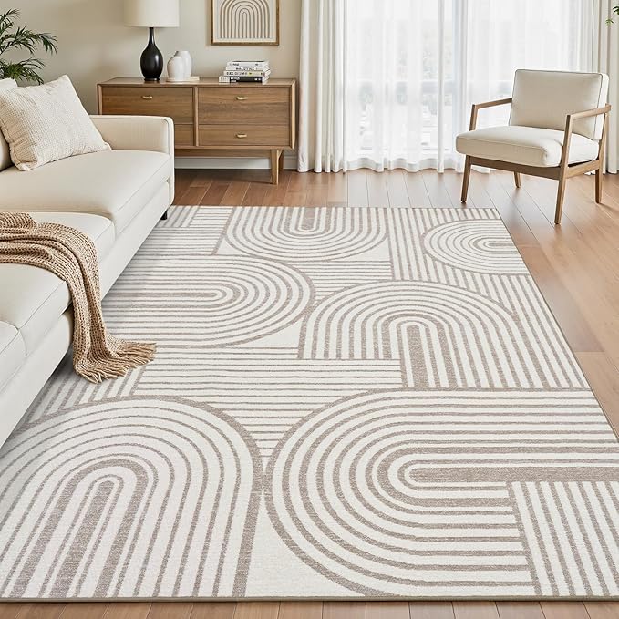 Modern 8x10 Area Rugs Textured Tufted Rugs for Living Room Bedroom Rug-Carpet Cream Ivory Washable Neutral Geometric Moroccan Boho Rug