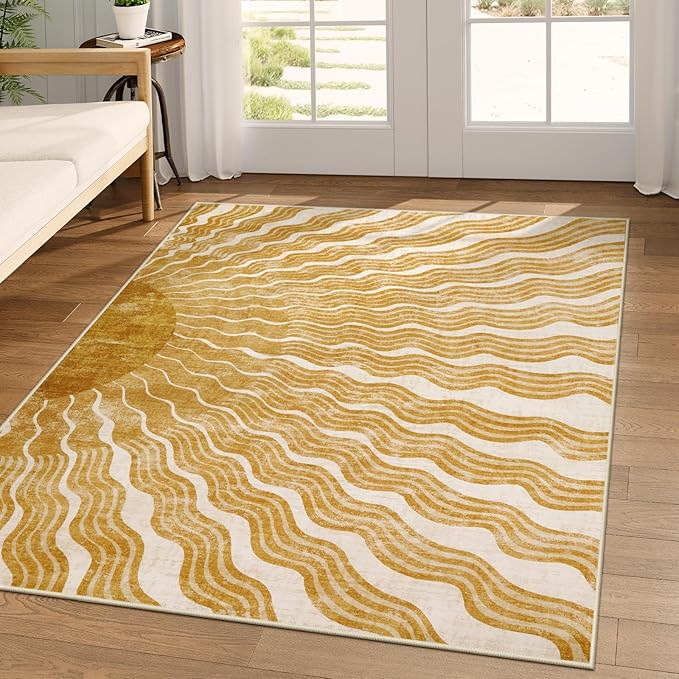 Boho Washable Rugs 5x7, Sun Print Soft Nursery Rug for Bedroom Classroom, Ultra-Thin Non Slip Stain Resistant Kids Carpet for Living Room Office(5'x 7',Gold/Multi)