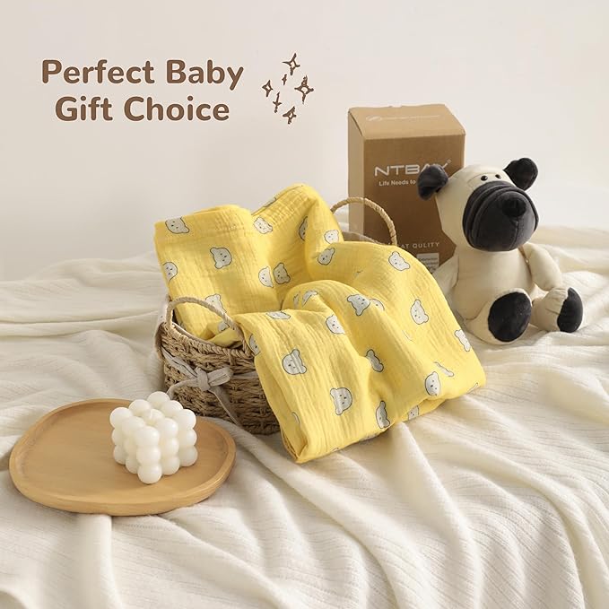NTBAY 2 Layer Muslin Cotton Baby Swaddle Blanket, 30x40 Soft and Breathable Receiving for Newborns and Infants, Perfect for Crib, Stroller, Travel, Lightweight Nursery Blanket, Honey Bear