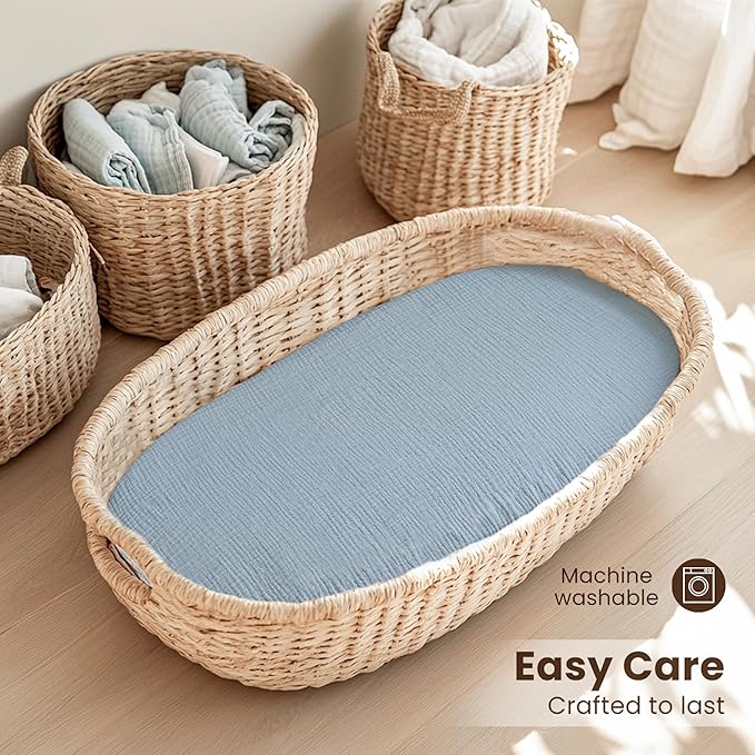 Konssy 2 Pack Muslin Bassinet Sheets for Baby Boy, 100% Cotton Soft Breathable Bassinet Mattress Sheets Fit for Hourglass Oval Cradle Rectangle Mattress (Star,Blue)