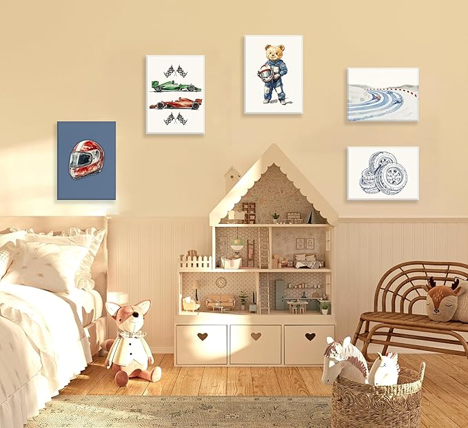 Vintage Racing Car Nursery Wall Art Teddy Bear Pictures Wall Decor Boy Navy Blue Vehicle Posters Retro Sport Painting Canvas Print Artwork for Kids Boy Room Playroom, Framed