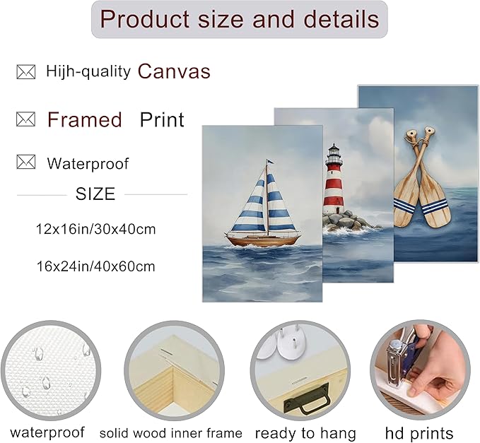 Blue Nautical Nursery Wall Art Vintage Sailboat Lighthouse Pictures Wall Decor Boy Coastal Posters Navy Sea Ocean Canvas Print Artwork for Kids Boys Room Playroom Bedroom Decor, Framed