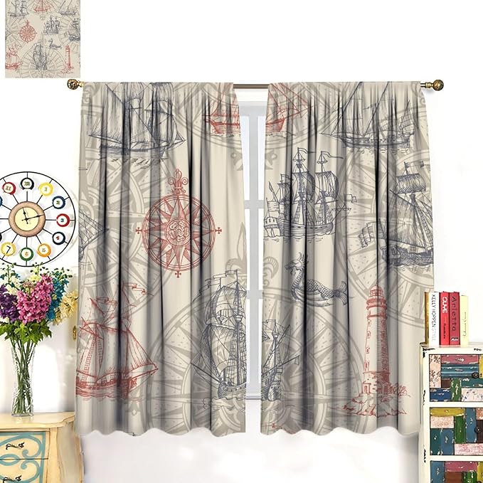 Abstract Nautical Curtain Set Seahorse Curtain for Kids Yellow Polyester Fabric Bedroom Curtain Set 2 Panels,63x63 Inches