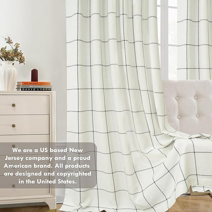 DriftAway 2 Panels 100% Blackout Windowpane Plaid Linen Curtains Double Layer Drapes for Bedroom 63 Inches Long Farmhouse Thermal Insulated 3.25 Inch Rod Pocket Back Tab for Living Room Black