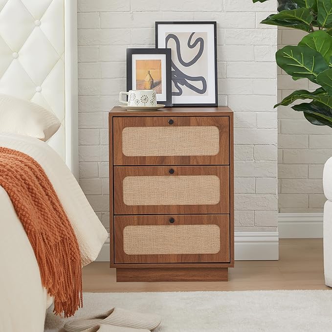 16" Nightstand with 3 Drawer, Mid-Century Wood Night Stand Storage with Linen Decor, Farmhouse Small Side Table for Sofa Couch, End Table for Bedside Bedroom, Living Room (Walnut)