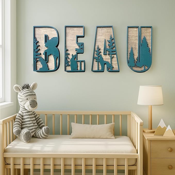 Personalized Wooden Name Sign - Custom Baby Name Signs for Nursery & Kids Room, Baby Announcement Sign, Wall Name Signs Personalized, Round Wooden Letters for Nursery Decor (Woodland 3D)