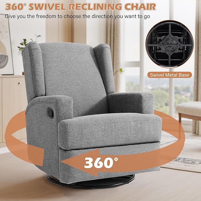 UIXE Swivel Glider Recliner Chair for Adults, Fabric High Back Accent Chair Nursery Rocker for Living Room, Upholstered Manual Reclining Sofa Seating with Deep Seat - Flax Gray