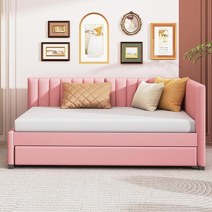 Harper & Bright Designs Upholstered Daybed with Trundle Twin Size Sofa Bed Frame No Box Spring Needed, Linen Fabric(Pink)