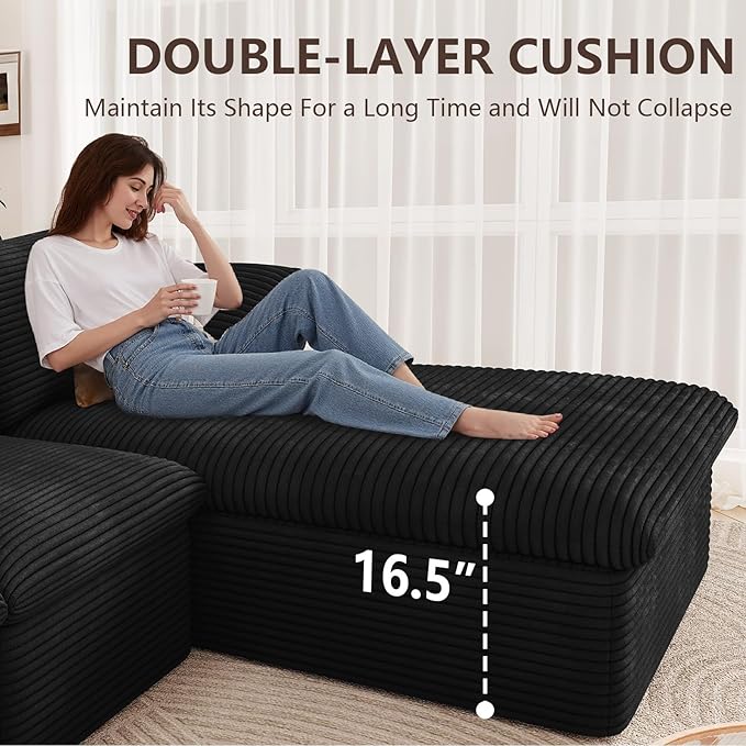 136" Cloud Modular Sectional Sofa with 1 Ottoman, Deep Seat Boneless Couch, Modern Upholstered Corduroy Couches, Comfort U Shaped Sofa for Living Room, No Assembly Required(Black,Right Facing Chaise)
