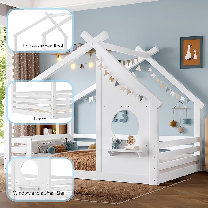 Polibi Full Size Floor Bed with House-Shaped Roof,Window and a Small Shelf, Solid Wood Low Profile Floor Bed for Kids, No Box Spring, White