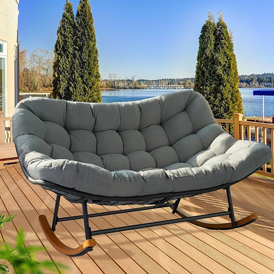Double Papasan Rocking Chair for Outdoor & Indoor, 660LBS Capacity Oversized Patio Rocking Chair for 2-Person with Cushion and Frame,Comfortable Rocker for Garden, Deck, Living Room,Grey