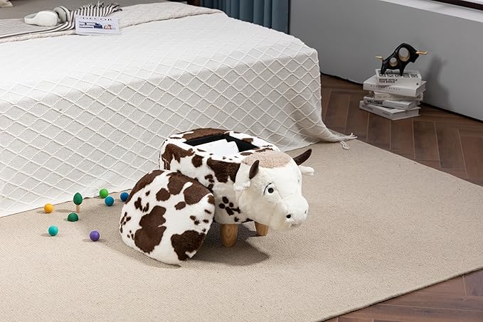 Home 2 Office Fun Happy Cow Ottoman with Storage for Kids' Bedroom, Playroom, Nursery or Recreation Room Decor, Soft Animal-Shaped Toddler Furniture with Wooden Legs