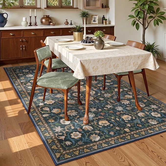 Anidaroel Floral Print Area Rug 5x7, Washable Dark Green Rugs for Living Room, Non Slip Soft Large Rugs for Bedroom, Stain Resistant Dining Room Mat Indoor Floor Carpet for Dorm
